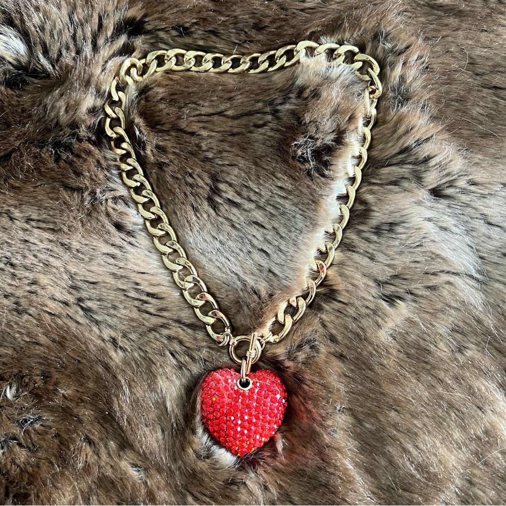 Gold Chain Necklace with Red Rhinestone Heart Pendant